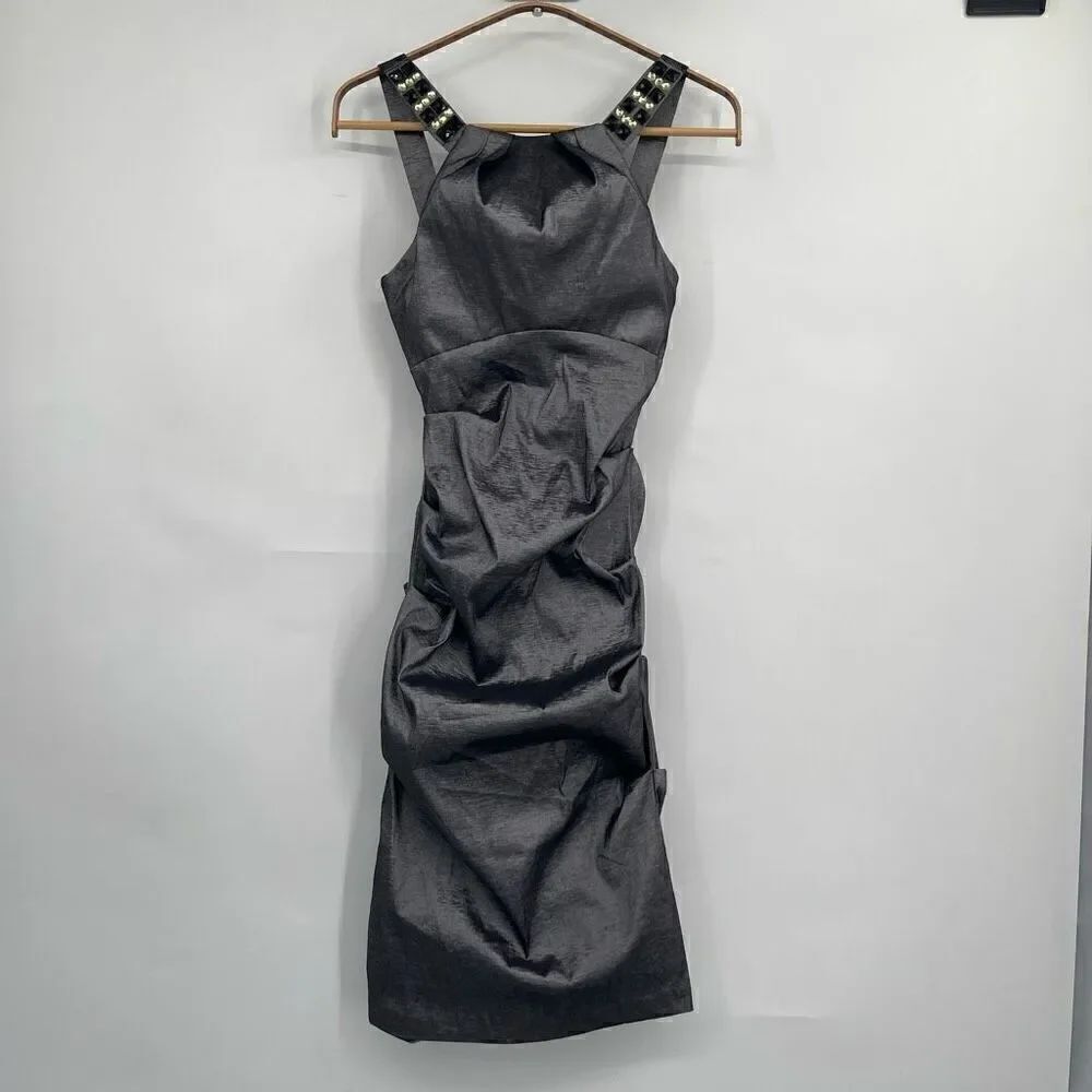 Juno Dress Collection Charcoal Gray Shiny Ruched Pleated Cocktail Dress Small